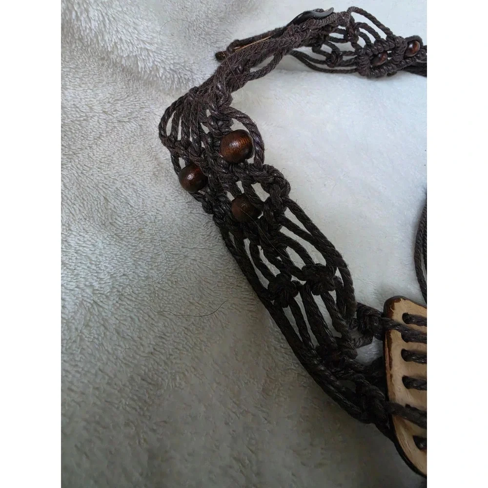 Vintage Boho Macrame Braided Cord Belt Brown Wood Beads Coconut Shell Tassel Tie